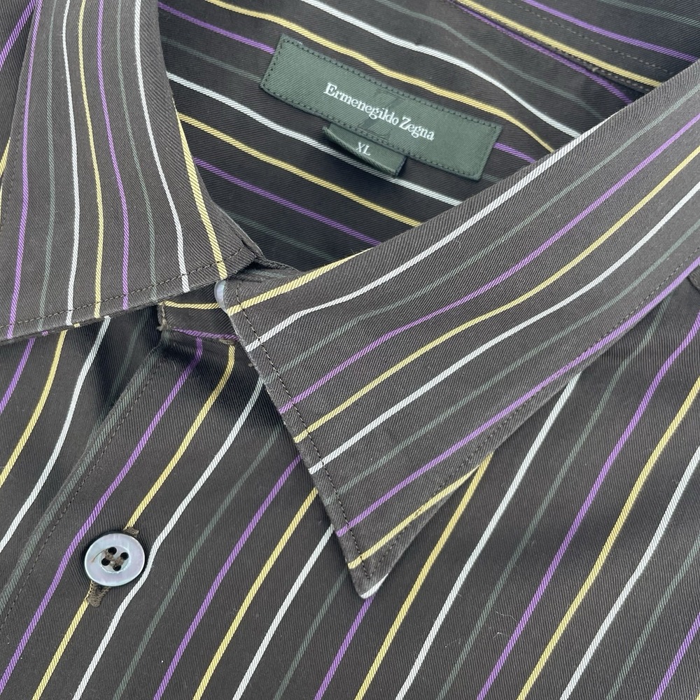 Zegna Shirt Mens L Long Sleeve Button Up Brown Stripe Cotton Made in Romania